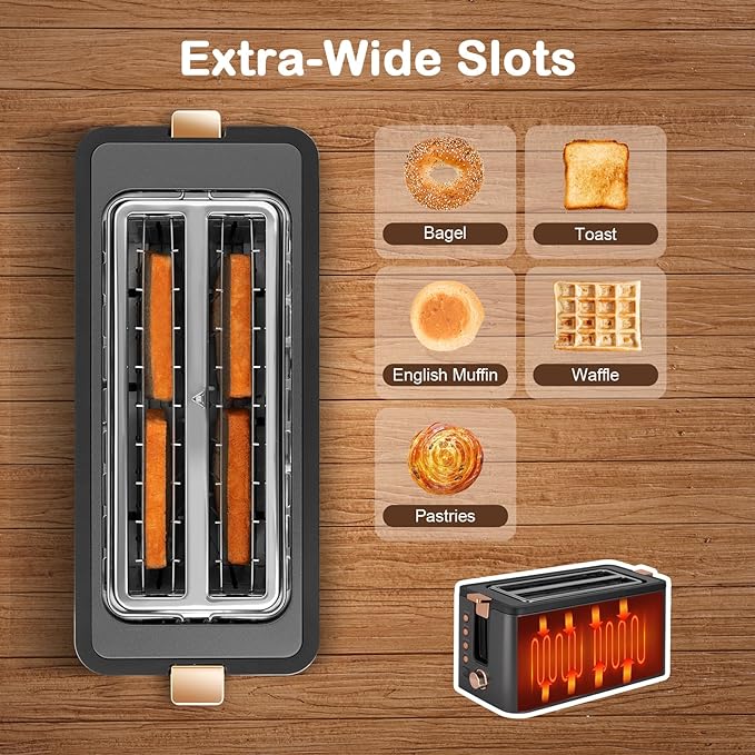 Mecity 4 Slice Toaster Long Slot Toaster With Warming Rack Timer Bagel Defrost Reheat Functions Crumb Tray 6 Browning Settings Extra Wide Long Slots Stainless Steel 1300W Grey