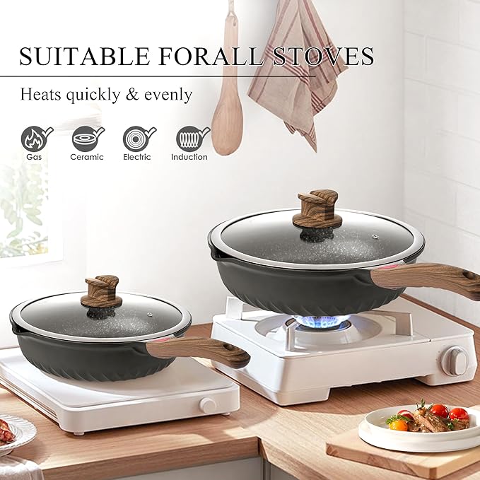 Vinchef Pots and Pans Set 12pcs Nonstick Induction Kitchen Cookware Sets with Stay-Cool Handles Frying Pans and Saute Pan with Lid Silicone Cooking Utensil Sets and Pot Protectors PFAS PFOA Free