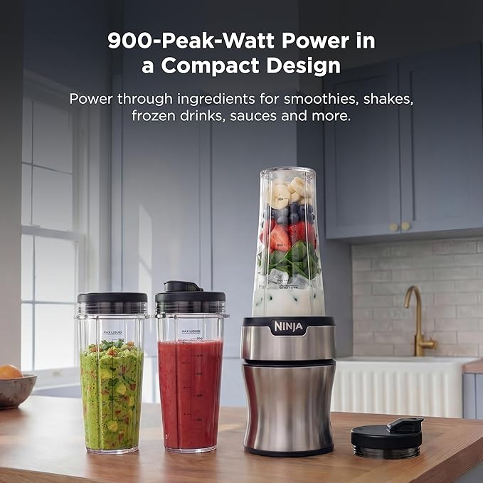 Ninja BN301 Nutri-Blender Plus Compact Personal Blender 900-Peak-Watt Motor Frozen Drinks Smoothies Sauces &amp More (3) 20 oz. To-Go Cups (2) Spout-Lids (1) Storage-Lid Dishwasher Safe Silve