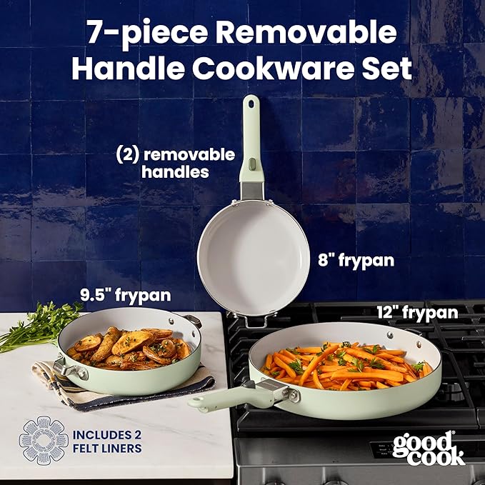 GoodCook Ceramic Cookware Set 7-Piece with Removable Handles Induction Compatible Fry Pans Nonstick and Oven Safe Sage Green