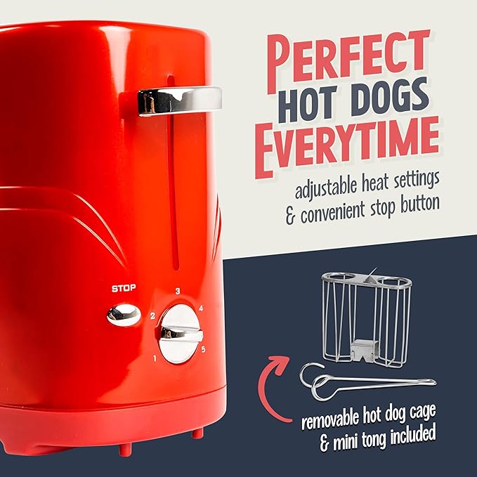 Nostalgia HDT600RETRORED Retro Pop-Up 2 Hot Dog and Bun Toaster With Mini Tongs Works With Chicken Dogs Turkey Dogs Veggie Links Sausages and Brats