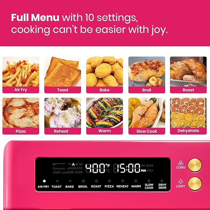 VAL CUCINA Limited Edition Happy Pink Infrared Heating Air Fryer Toaster Oven Extra Large Countertop Convection Oven 10-in-1 Combo 6-Slice Toast Enamel Baking Pan Easy Clean with Recipe Book