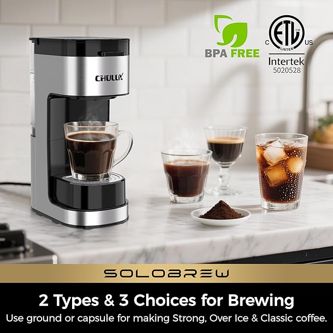 CHULUX SoloBrew Single Serve Coffee Maker for K Cup and Ground 3 Brew Sizes with Strong Button &amp Over Ice Feature 14oz Removable Reservoir for Home Travel RV Office and Dorm