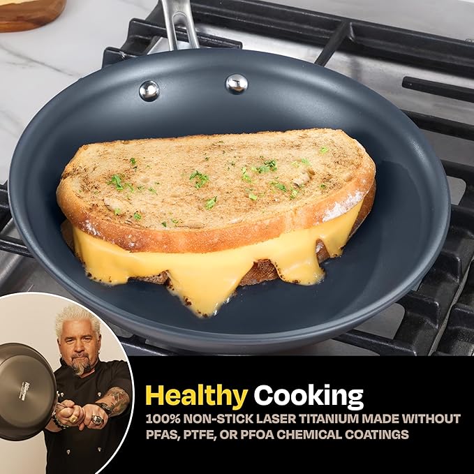 Guy Fieri's Flavortown Laser Titanium 12” Fry Pan with Lid - Non-stick Cookware Without PFAS PTFE or PFOA 3x More Durable Dishwasher Safe Oven Safe