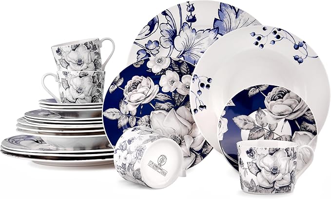 STP GOODS Bone China Dinnerware Set of 20 for 4 pers. Plates and Bowls Sets Dish Set Plate Set Dinner Plates Set Dishes Set of 20 Stoneware Dinnerware Set (Azur de Limoges)