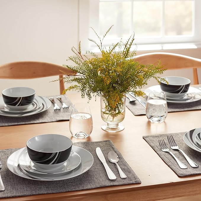 Amazon Basics 18-Piece Complete Kitchen Dinnerware Set Microwave and Dishwasher Safe Plates Dishes Bowls Swirl Heat Resistant Service for 6 Everyday Use