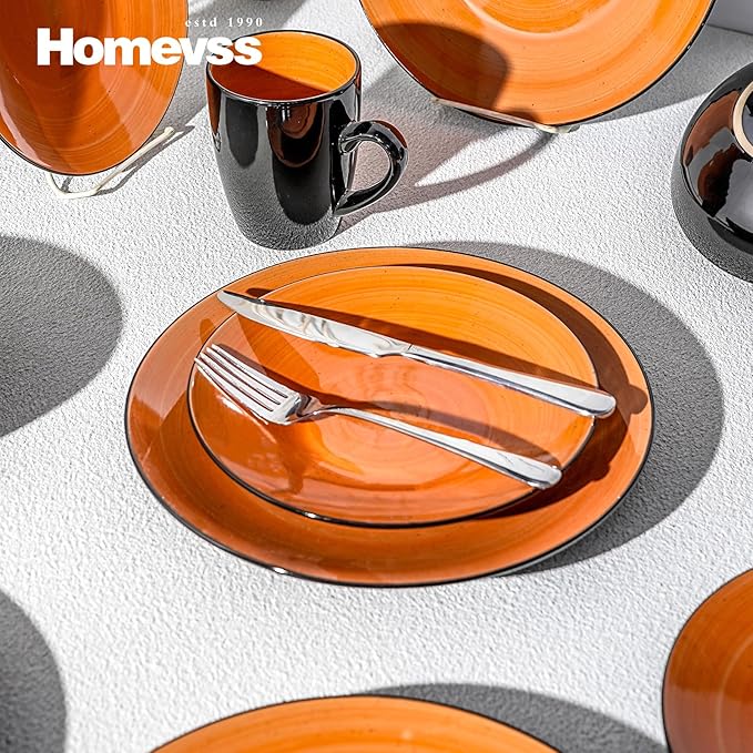 Sonoma 16 Piece Stoneware Dinner Set Outside Black + Inside Handpainted Color Orange with speckle