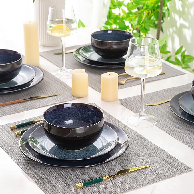 Ceramic Dinnerware Sets of 6Plates and Bowls SetsHandmade Reactive Glaze Dishes SetChip Resistant and Scratch Resistant | Oven&ampDishwasher &amp Microwave Safe-Blue(30PCS)