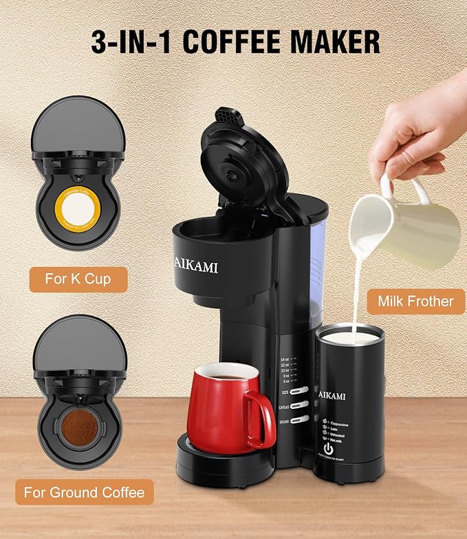 Single Serve Coffee Maker for K Cup &amp Ground Coffee with Milk Frother 6 to 14 Oz Brew Sizes Auto-Off Coffee Machine with Water Reservoir