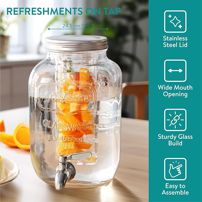 Navaris Drink Dispenser with Tap - 2.1gal (8L) - Glass Drinks Dispenser w/Fruit Infuser &amp Ice Insert - Large Water or Cocktail Jar - For Party Office or Home