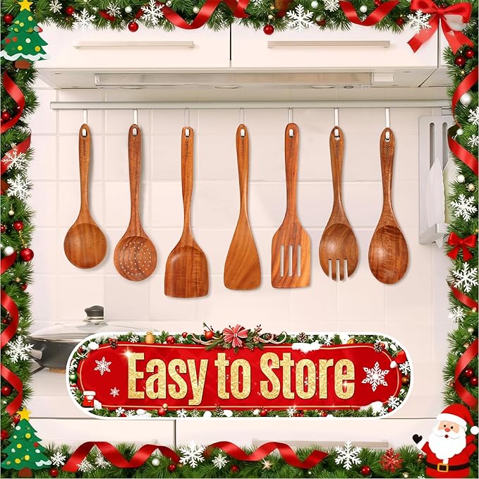 Wooden Spoons for Cooking Wooden Utensils for Cooking Natural Teak Wooden Kitchen Utensils Set Comfort Grip(9 PCS Xmas Gift)