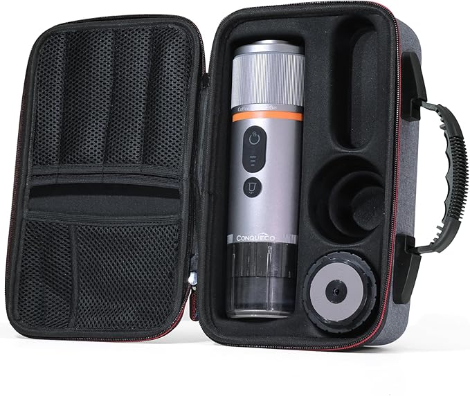 CONQUECO Portable Espresso Machine Travel: 12v Car Coffee Maker with Battery for Camping - Small Electric - 2.5 Mins Heating - Set With Ground Coffee &amp NS Capsule &amp Handbag for RV Hiking Off