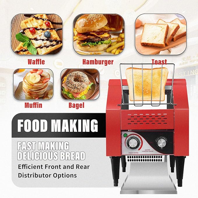 Commercial Conveyor Toaster 150 Slices/Hour Red Conveyor Toaster 3 Modes/7 Speeds Stainless Steel Tabletop Toaster for Toast Bagels and Other Baked Breads