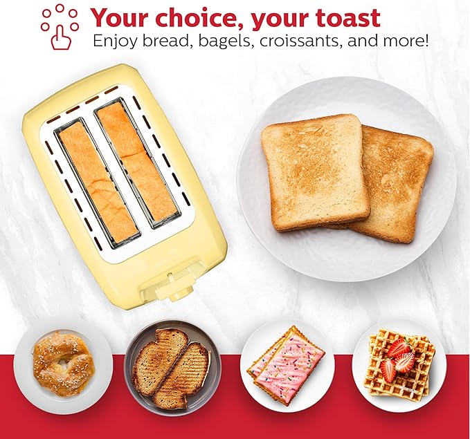 Holstein Housewares 2-Slice Toaster with 7 Browning Settings Extra-Wide Slots Reheat Defrost Cancel High-Lift Release Removable Crumb Tray – Compact Stainless Steel Yellow