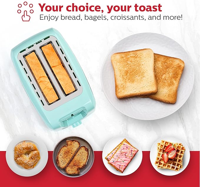 Holstein Housewares 2-Slice Toaster with 7 Browning Settings Extra-Wide Slots Reheat Defrost Cancel High-Lift Release Removable Crumb Tray – Compact Stainless Steel Mint