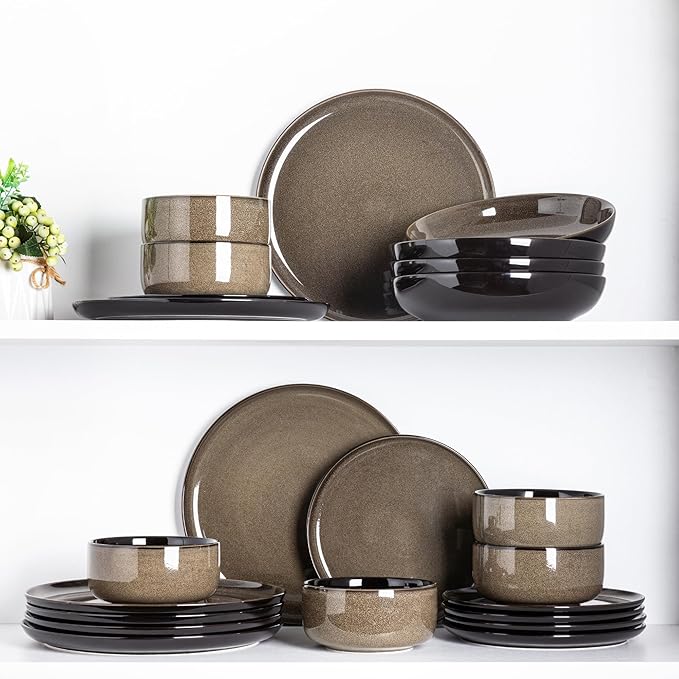 LeRatio Ceramic Dinnerware Sets for 6Poreclain Plates and Bowls SetsHandmade Reactive Glaze Dishes SetChip Resistant and Scratch Resistant | Oven&ampDishwasher &amp Microwave Safe-Chestnut(18PCS)