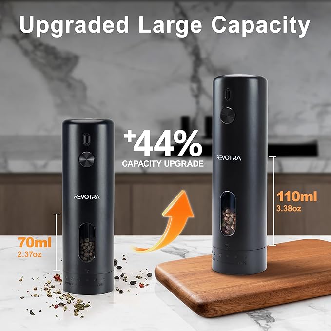 Electric Salt and Pepper Grinder Set Rechargeable Automatic Salt and Pepper Shakers with 6 Adjustable Coarseness Christmas Gift Larger Capacity LED Light One-Handed Operation 2 Packs
