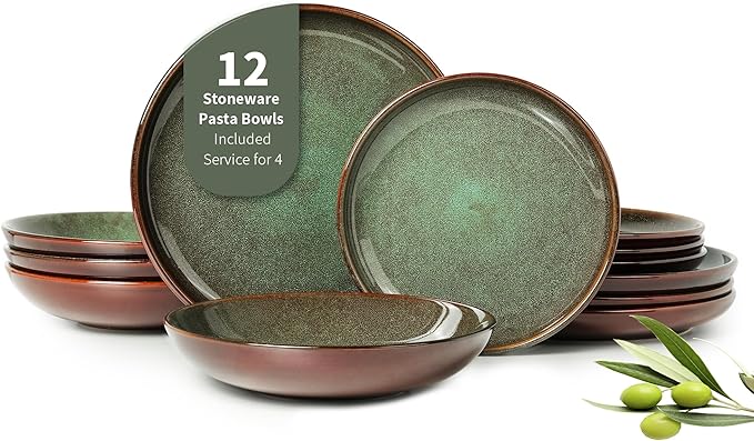 12 Piece Dinnerware Sets with Pasta Bowls Stain Resistant Dish Set Easy Cleaning Dishes Multi-Functional Plate and Bowl Set Stack Compactly Plates Service for 4 Sage Green