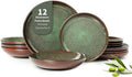 12 Piece Dinnerware Sets with Pasta Bowls Stain Resistant Dish Set Easy Cleaning Dishes Multi-Functional Plate and Bowl Set Stack Compactly Plates Service for 4 Sage Green