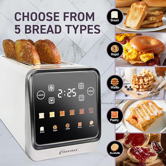 Touch Screen Toaster - 4 Slice 2 Extra Long Slots - 5 Bread Types and 6 Browning Levels - Defrost Reheat Favorite &amp Single Slot Modes - For Toast Bagels &amp Waffles – White
