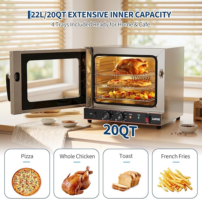 Garvee Commercial Convection Oven Countertop 22L/20Qt 1440W Toaster 3-Tier Electric Oven w/Front Glass Door Trays Wire Racks Clip Gloves 120V