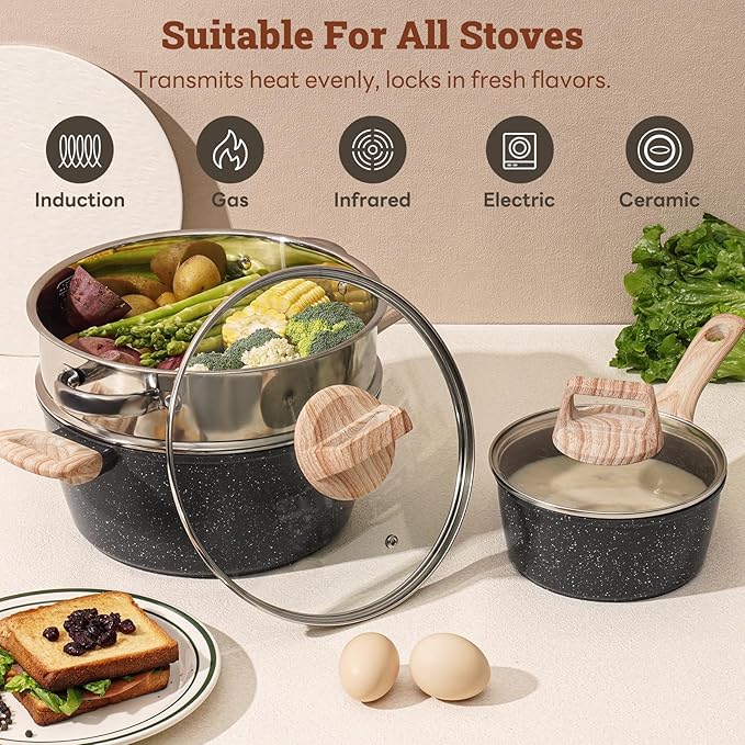 17 Pcs Pots and Pans Set Non Stick Kitchen Cookware Sets Nonstick Induction Cookware Non-toxic Black Granite Cooking Tools with Stay-Cool Handles Pot Protectors (PFOS/PFOA Free)