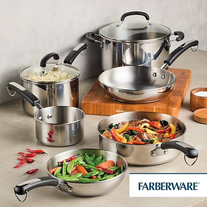 Farberware Brilliance Stainless Steel Cookware Pots and Pans Set with Kitchen Cooking Tools and Glass Lids 10 Piece Dishwasher Safe and Induction Ready Stainless Steel