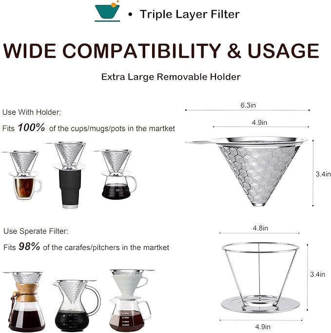 dailybrew Pour Over Coffee Maker Triple Layer Stainless Steel Cone Coffee Filter 4 Cup Non-electric Drip Coffee Maker Manual Portable Pour Over Coffee Maker Metal Cone Cafe Coffee Dripper