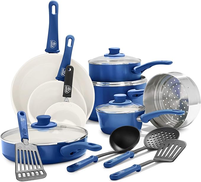 GreenLife Soft Grip Healthy Ceramic Nonstick Cookware Pots and Pans Set 16 Piece Blue &amp Bakeware Healthy Ceramic Nonstick Cookie Sheet 18 x 13 Turquoise