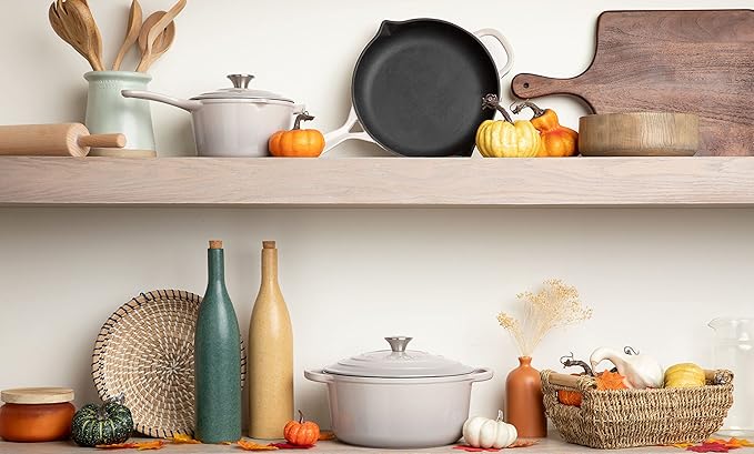 Larder &amp Vine 5-Piece Enameled Cast Iron Cookware Set - Includes 5.7 Quart Dutch Oven with Lid 10.25 Inch Skillet 2.2 Quart Saucepan with Lid (Stone)