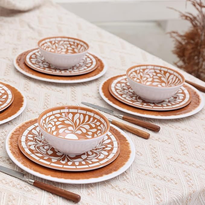 Melamine Plates and Bowls Set 12-Piece Melamine Dinnerware Set Dinner Serving Dishes Set for 4 Unbreakable Brown-Yellow
