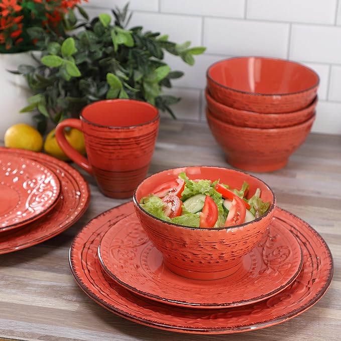 Elama Malibu Jasper 16-Piece Stoneware Embossed Pattern Reactive Glaze Orange Dinnerware Set Tableware Serveware Set (Jasper Orange)