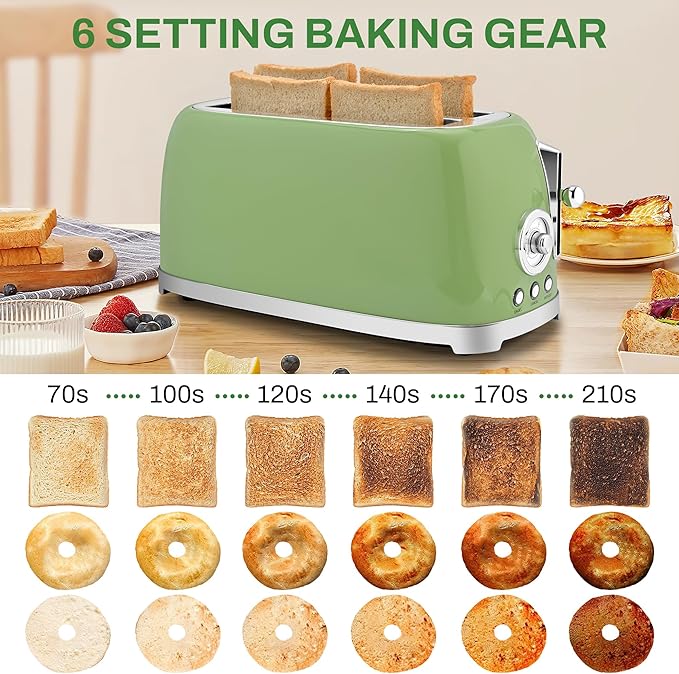 SUSTEAS Toaster 4 Slice Wide Slot Stainless Steel Bread Bagel Toasters Retro Long Slot Tostadora for Defrost Reheat Removable Crumb Tray 1500W 6 Browning Settings Green