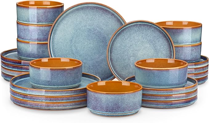 vancasso ONION Ceramic Plates and Bowls Sets 24 Pieces Blue Dinnerware Sets for Kitchen Reactive Glaze Dishes Set for 8 Dishwasher and Microwave Safe