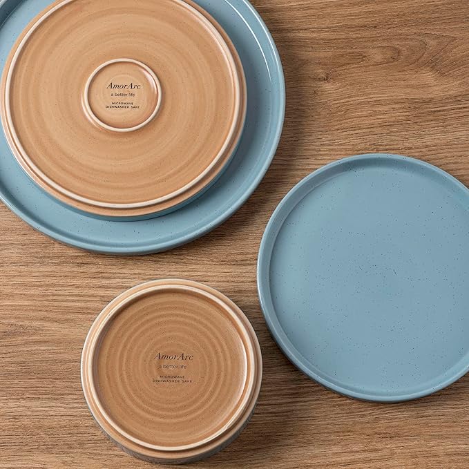 AmorArc Ceramic Dinnerware Set for 4 | Speckled Stoneware Plates and Bowls with unglazed terracotta | Scratch Resistant Dishwasher &amp Microwave Safe Dishes Sets- 12-Pcs Blue