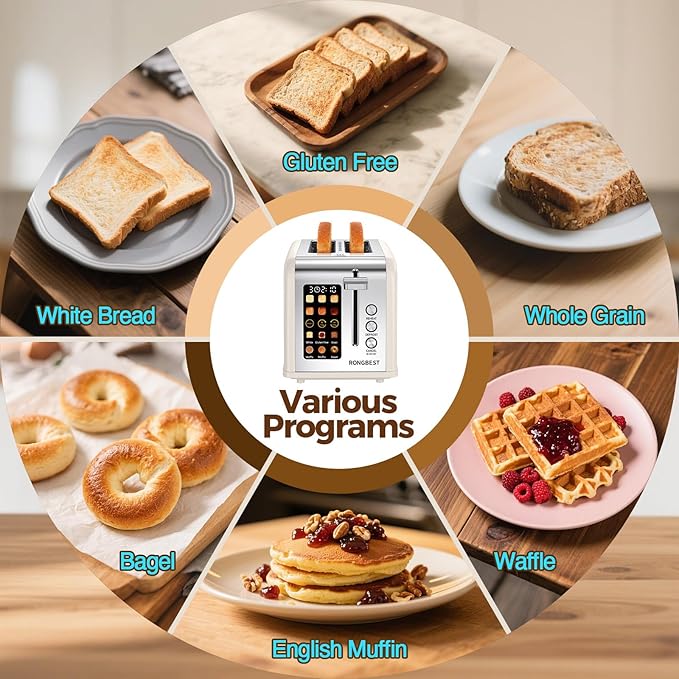 2 Slice Easy Touch Screen Toaster Stainless Steel Toaster with Wide Slots Even Toasting for Bagels &amp Bread Reheat &amp Defrost Removable Crumb Tray Cream Color