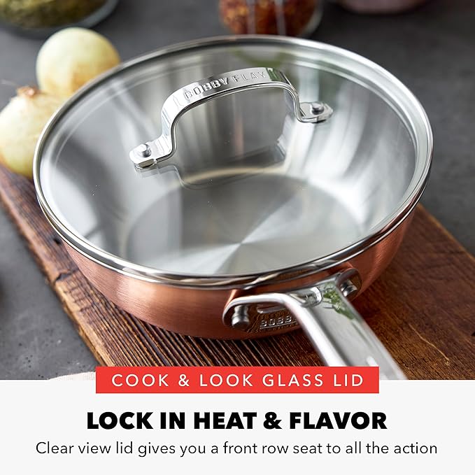 GreenPan x Bobby Flay 2QT Copper Clad Chef’s Pan with Lid Induction Ready Sauce Pot Measurement Markings Stainless Steel Base &amp Interior Oven Safe Saucepan to 500˚F