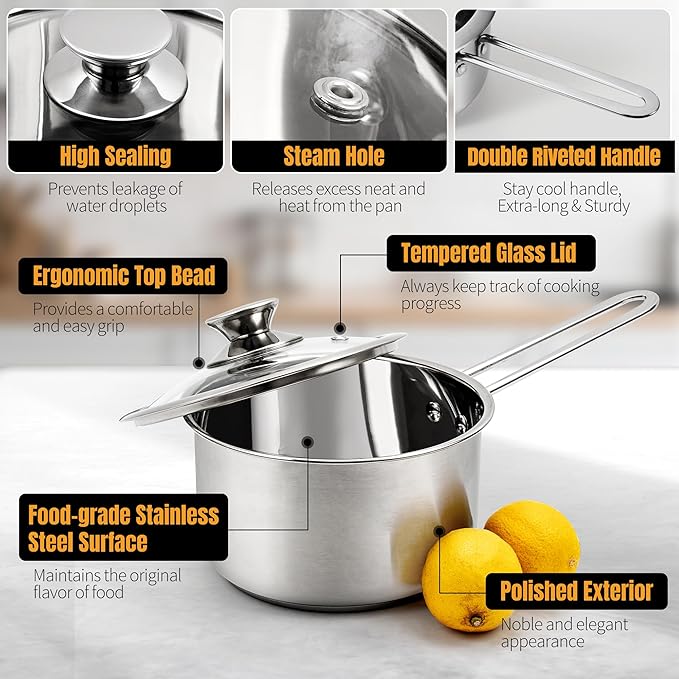 Aufranc Stainless Steel pots and pans set 6 Piece Nonstick Kitchen Induction Cookware SetWorks with Induction/Electric and Gas Cooktops Nonstick Dishwasher
