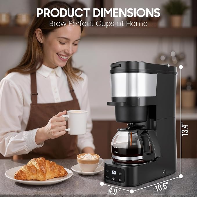 Grind and Brew Coffee MakerDrip Coffee Maker with Grinder Built In5-Cup Programmable Coffee Machine with Brew StrengthWarming Plate and Multiple Grind Levels for Home &amp Office