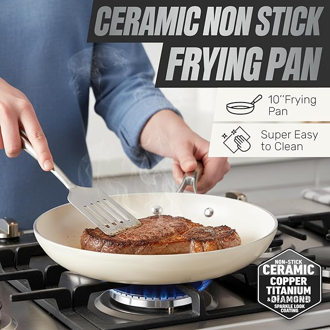 Gotham Steel 20pcs Pots and Pans Set Non Stick Ceramic Cookware Set with Deep Frying Pan Set &amp 6pc Knife Set Improved Ti-Cerama Coating Made without PFOA PFOS Lasts 2x Longer Oven &amp Dishwash