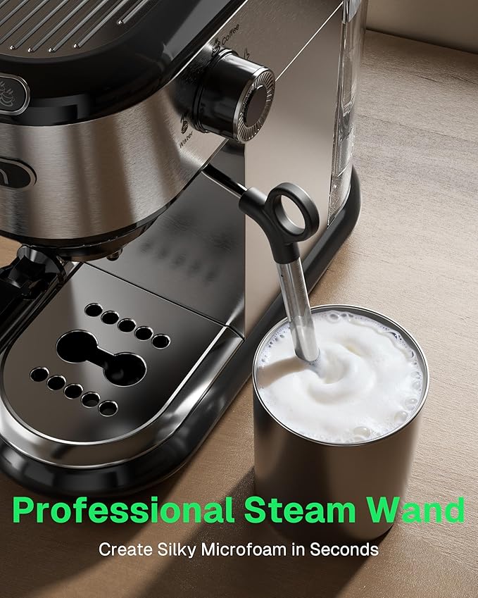 HBN 20 Bar Espresso Machine with Milk Frother Compact Espresso Maker for Ground Coffee Stainless Steel Coffee Machine with Steam Wand &amp 34oz Removable Water Tank 1450W for Home &amp Office