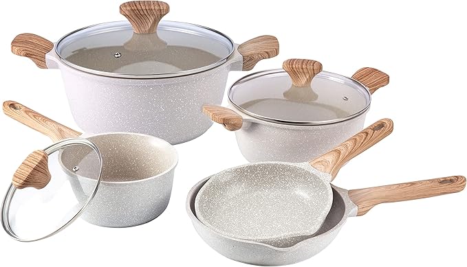 Country Kitchen Non-Stick Cast Aluminum Cookware Set - Durable Kitchen Cookware for Everyday Cooking Speckled Cream 8 Pc.