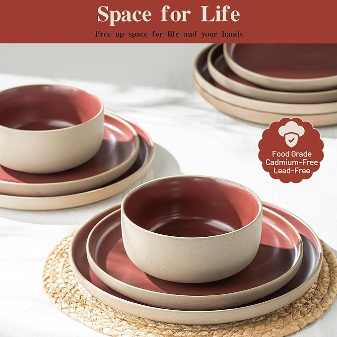 12 Pieces Dinnerware SetsPlates and Bowls SetsHandmade Reactive Glaze Dishes Set for 4 with at Least 10% Recycled Ceramic and the Raw Texture of the Clay (Angora Red)