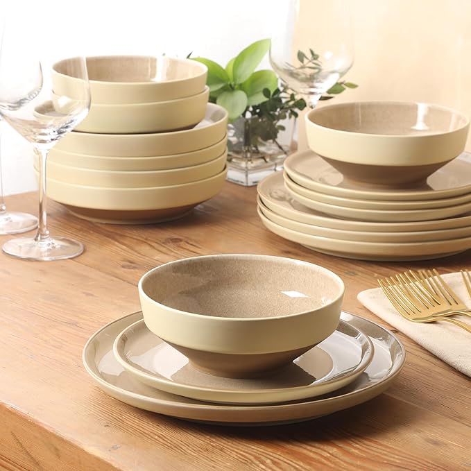 Gibson Elite Octavia Place 16 Piece Stoneware Dinnerware Set Service for 4 Coupe Modern Plates &amp Bowls Reactive Glaze Finish Taupe Microwave &amp Dishwasher Safe