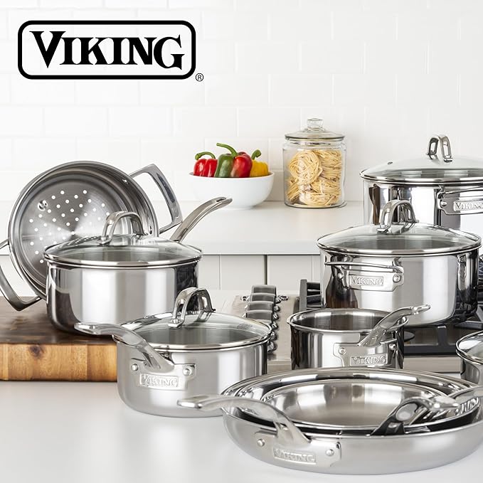 Viking 3-Ply Pots and Pans Set 17 Piece Stainless Steel Cookware Glass Lids Steamer Insert Silver