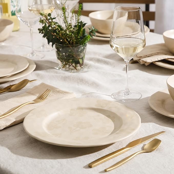 Bloomhouse - 2 Time Oprah's Favorite Things - Made in Portugal Hand Painted Dinnerware Set - Porto Petals 12 Piece (Service for 4) Floral Plates and Bowls Set - Lilly Cream