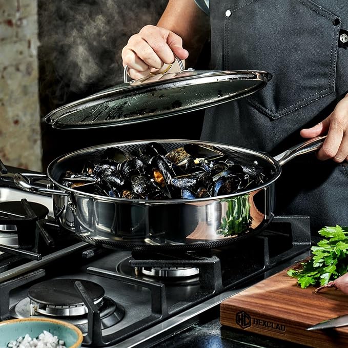 HexClad Hybrid Nonstick 6-Piece Cookware Set 5Qt Dutch Oven with Lid 5.5Qt Sauté Pan with Lid and 10Qt Stockpot with Lid Stay-Cool Handles Dishwasher and Oven-Safe Induction Ready