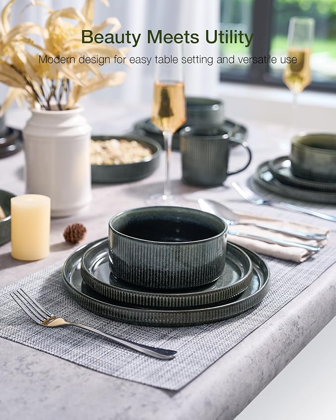 Famiware Star Dinnerware Set Plates and Bowls Sets for 4 (12pcs) Ribbed Stoneware Dishes - Chip &amp Scratch Resistant Microwave &amp Dishwasher Safe Deep Forest