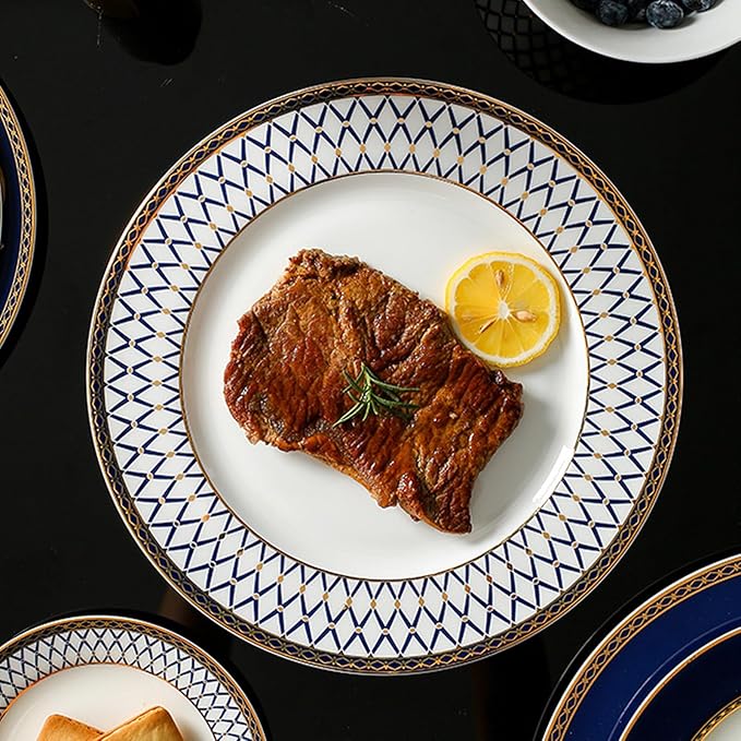 European Style Dinnerware Set Service for 6 Bone China Dinnerware Sets Unbreakable Porcelain Dinner Sets Coffee Cup and Saucer Tableware Set Steak Dinner Plates Dish Set blue-001