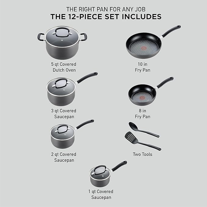 T-fal Ultimate Hard Anodized Nonstick Cookware Set 12 Piece Oven Broiler Safe 400F Lid Safe 350F Kitchen Cooking Set w/Fry Pans Saucepans Dutch Oven Pots and Pans Dishwasher Safe Black